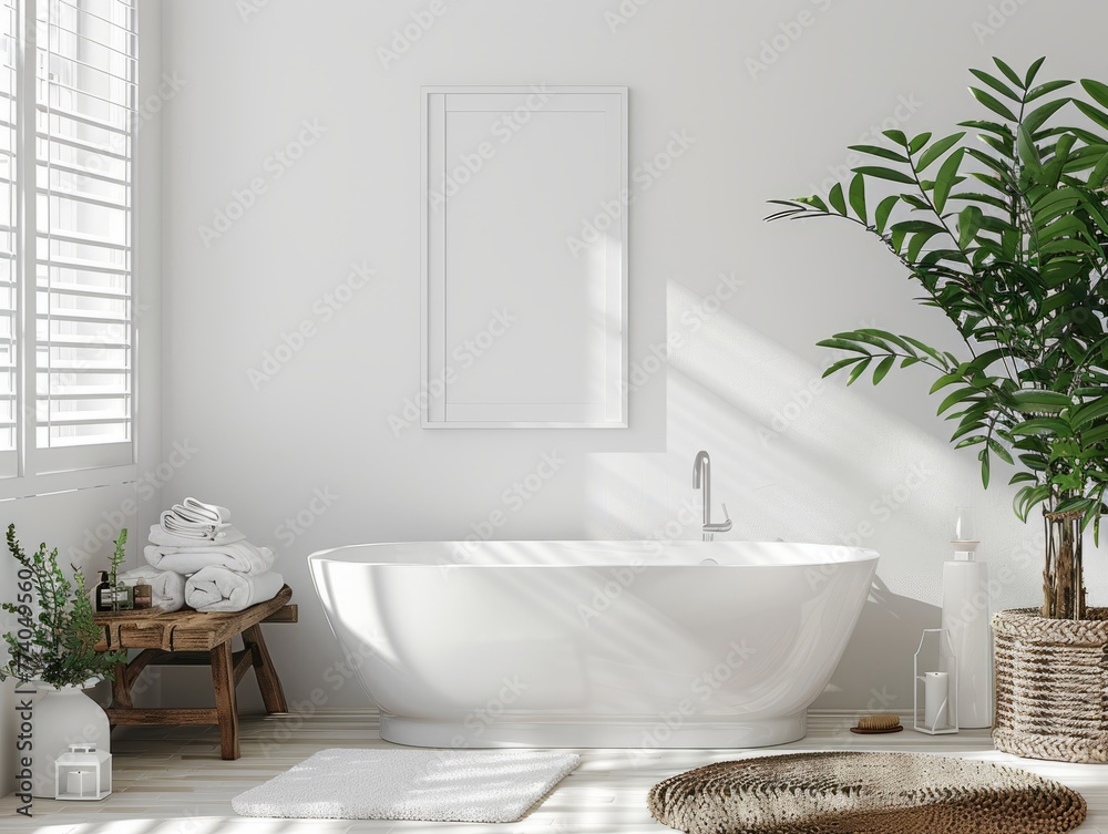 Wall mural Poster frame mockup in white cozy bathroom interior background