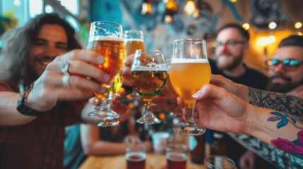 Friends clinking glasses with assorted beers in pub for celebration.
