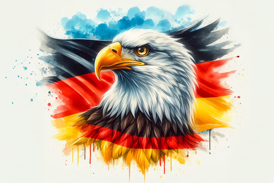 German flag with eagle head, watercolor illustration white background.