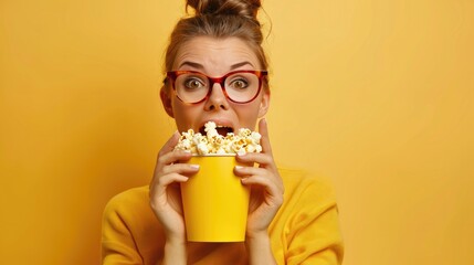Impressed woman with watching film and holding popcorn on yellow background. - obrazy, fototapety, plakaty