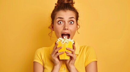 Impressed woman with watching film and holding popcorn on yellow background.