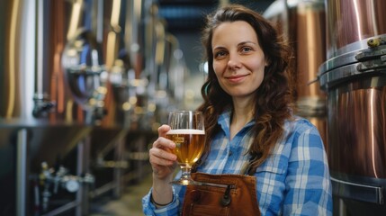 Portrait of woman brewery master holding glass of beer. Small business, Production of craft beer.