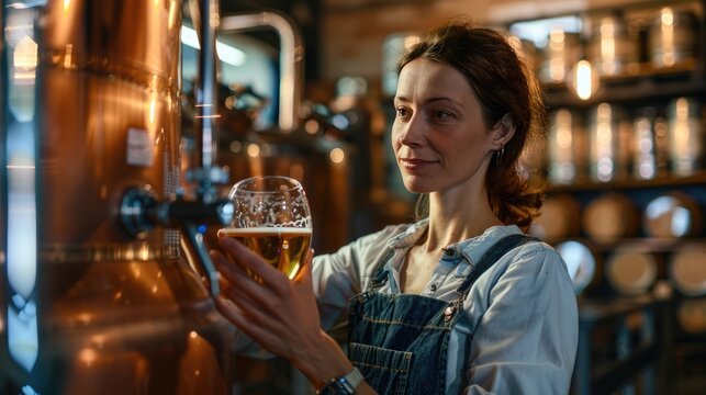 Portrait of woman brewery master holding glass of beer. Small business, Production of craft beer. - Powered by Adobe