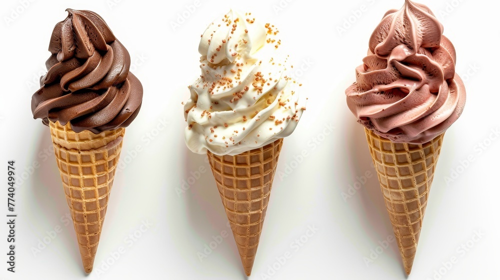 Aufkleber on a white background with a clipping path, chocolate, vanilla and strawberry ice cream is presented
