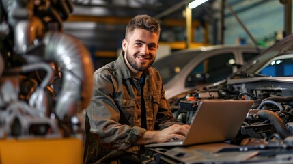 Side view of Mechanic with laptop on car engine. Modern car diagnostic program at garage.