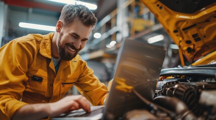Side view of Mechanic with laptop on car engine. Modern car diagnostic program at garage.