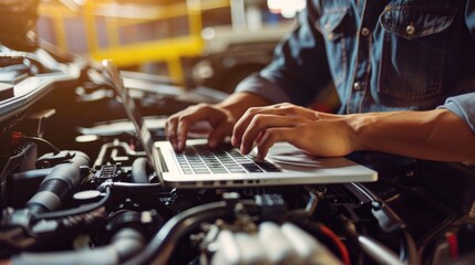 Side view of Mechanic with laptop on car engine. Modern car diagnostic program at garage.