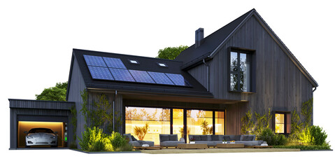 Modern house with solar panels on a transparent background