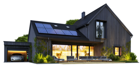 Modern house with solar panels on a transparent background
