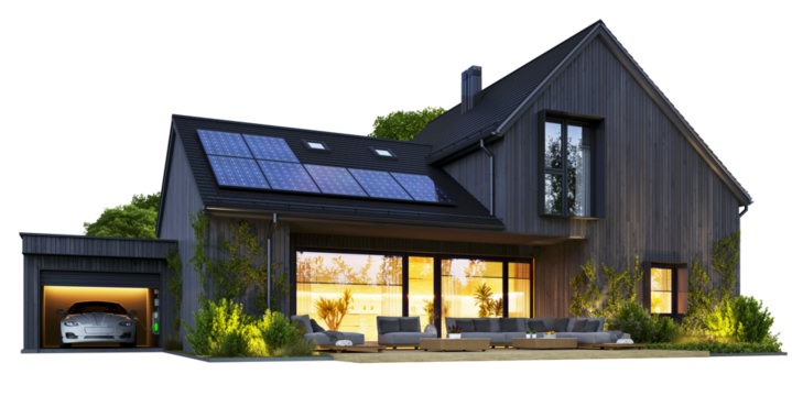 Modern house with solar panels on a transparent background