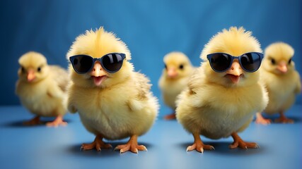 Curly yellow chicks with blue sunglasses are energetically hopping around on a studio blue background. The chicks are fluffy and vibrant, their feathers catching the light in a playful manner. The blu