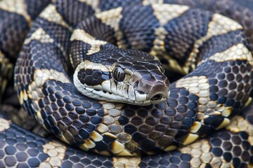 Obraz premium Close up of wild snake head python with scales in nature on yellow background.
