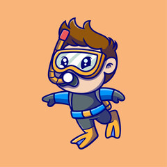 Cute a little boy snorkeling cartoon illustration. Study icon concept. Flat cartoon style.