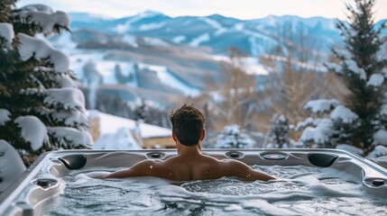 Male swimming and relaxing in hot tub with winter mountain view