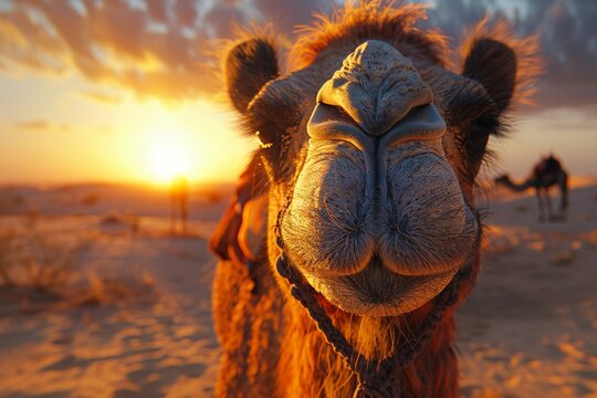 Closeup, random camel in the desert, photorealistic, vibrant against the setting sun ,3DCG,high resulution