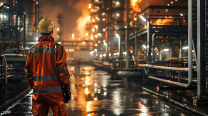 Factory workers on the night shift, illuminated by harsh lights. industry concept.