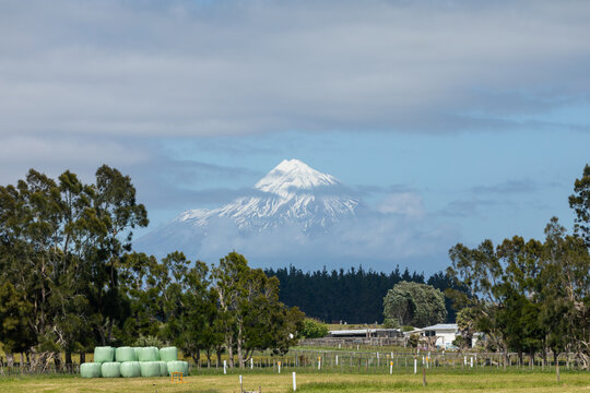 Snow covers  Mount Taranaki, also called Mt Egmont, a dormant stratovolcano on the west coast of New Zealand's North Island. At 2,518 metres, it is the second highest mountain on the North Island.