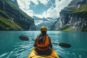 Woman Kayaking in a Scenic Mountain Lake - obrazy, fototapety, plakaty