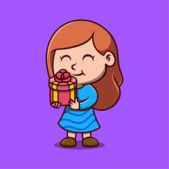 Cute mother holding gift box cartoon illustration. Study icon concept. Flat cartoon style.