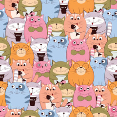 The pattern with cats. Seamless pattern featuring cute cats of various colors. A pattern with kittens in a cartoon style. Pattern for print and gift wrapping. Vector