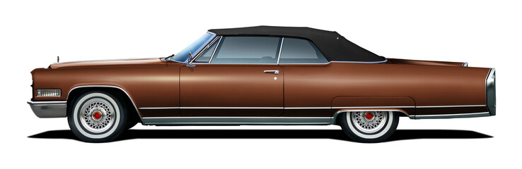 Large brown vintage American convertible. Side view with black soft top. On a transparent background in png format.