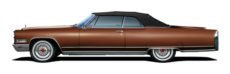 Large brown vintage American convertible. Side view with black soft top. On a transparent background in png format.