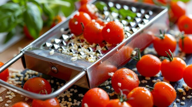 Cherry tomatoes, tomato, and grater