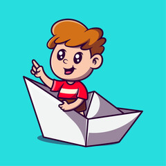 Cute a little boy ride paper boat cartoon illustration. Study icon concept. Flat cartoon style.