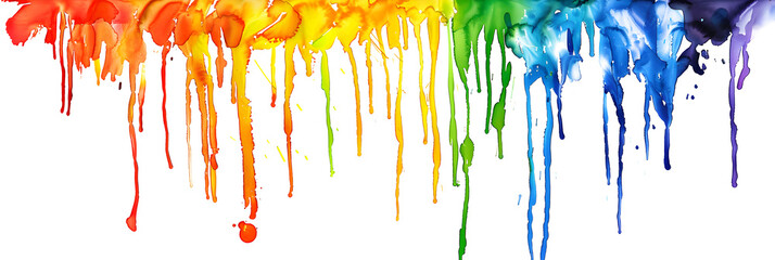 Rainbow dripped watercolor paint stain on transparent background.