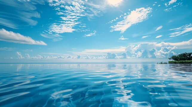 summer, sun, swimming pool, infinity pool, blue water, blue sky, few clouds, holidays, hotel, calm down, copy and text space, 16:9