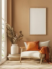 rustic boho style living room, wooden parquet floor, cozy, warm brown, beige and orange tones, illustration made with generative AI