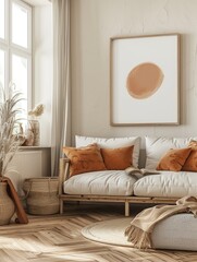 rustic boho style living room, wooden parquet floor, cozy, warm brown, beige and orange tones, illustration made with generative AI