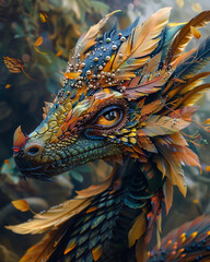 A grotesque multieyed creature adorned with vibrant feathers and shimmering scales its beauty as unsettling as its form - obrazy, fototapety, plakaty