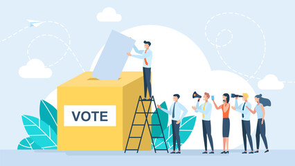 People waiting in line to vote at election. Crowd of people go to the polls to vote. Referendum. Citizens stand in queue signing for petition with signatures. Election day voters. Vector illustration - obrazy, fototapety, plakaty