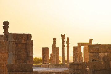 Persepolis, Iran - 8th june, 2022: Beautiful Sunrise in Persepolis, capital of the ancient Achaemenid kingdom. Ancient sites columns. Ancient Persia.Famous travel destination
