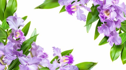 Against a white background, a purple Cattleya orchid grows and green leaves are seen.