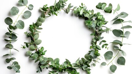 Branches of eucalyptus make a wreath frame isolated on white background.