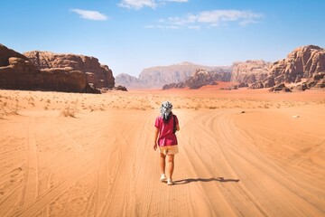 Adventure and explore in changed planet earth for climate warming concept - woman viewed from back...