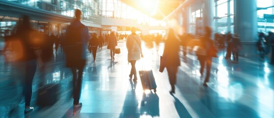A busy airport with people walking around and carrying luggage by AI generated image