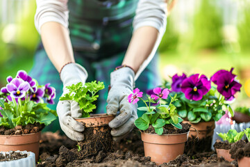 A woman transplants flowering plants in her home garden. Spring flower gardening