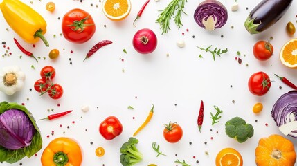 Vegetable and fruit banner isolated on white background. Creative flat layout. Concept of healthy eating. Frame of vegetables with space for text.