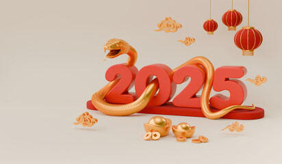 Snake is a symbol of the 2025 Chinese New Year. 3d render illustration of Snake writhing around the numbers 2025, gold ingot Yuan Bao, chinese lantern, coins. Zodiac Sign Snake, concept lunar calendar - 774052702