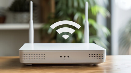 A white wireless router, key to connecting your computer and other devices to the internet for communication and data transfer