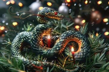 Snake a symbol of 2025 year with candles in Christmas fir tree branches on festive background
