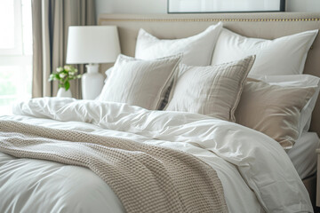 Cozy Bedroom Interior with Plush Pillows and Crisp White Bedding - Powered by Adobe