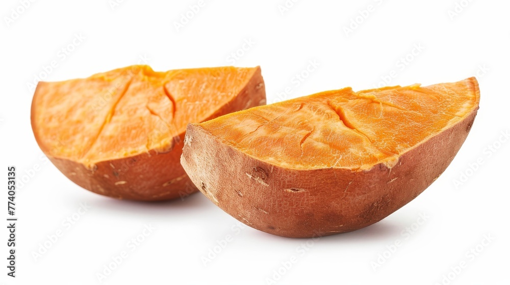 Poster a sweet potato cut in half on a white background. clipping path with full depth of field.