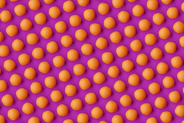 Many oranges on purple background. Top flat view, diagonal grid. 3d render, illustration