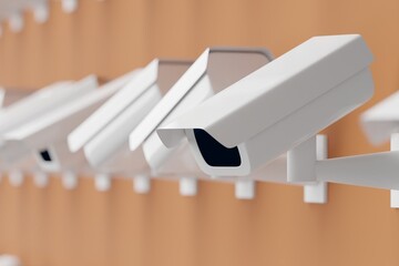 Many cctv on saddle brown background. cameras looking left at different directions. 3d render, illustration