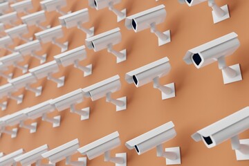 Many cctv on sienna background. cameras looking left at the same direction. 3d render, illustration - obrazy, fototapety, plakaty