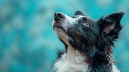 portrait of a black and white border collie dog in front of white background